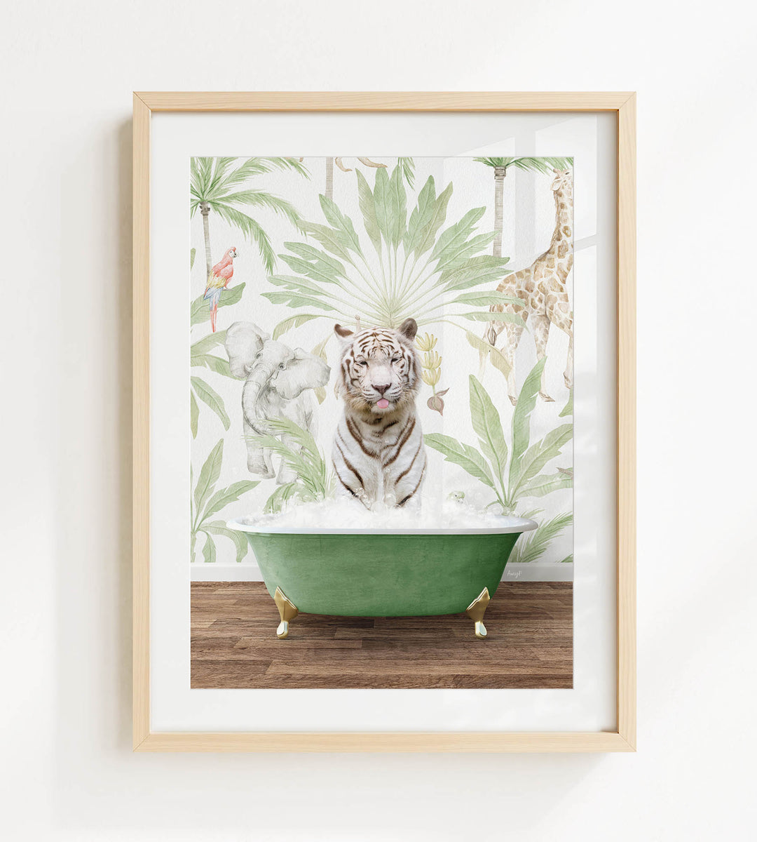 A framed image depicting a white tiger sitting in a green bathtub, surrounded by tropical foliage and animals.