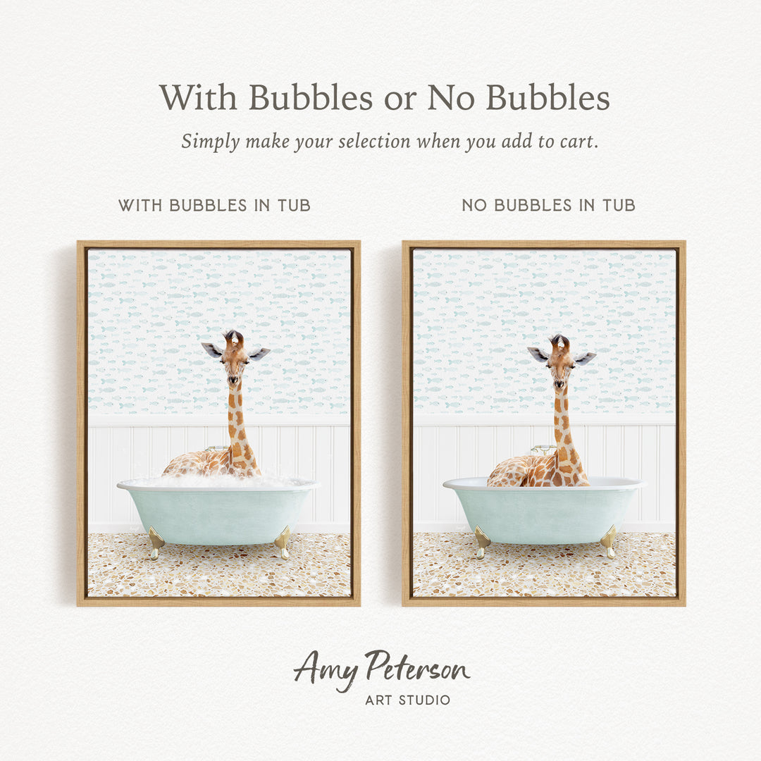 The image is a collage of two pictures featuring a giraffe sitting in a bathtub. The text above the collage reads "With Bubbles or No Bubbles" and below it, "Simply make your selection when you add to cart." The text on the bottom right corner indicates that the image is from " Amy Peterson ART STUDIO."