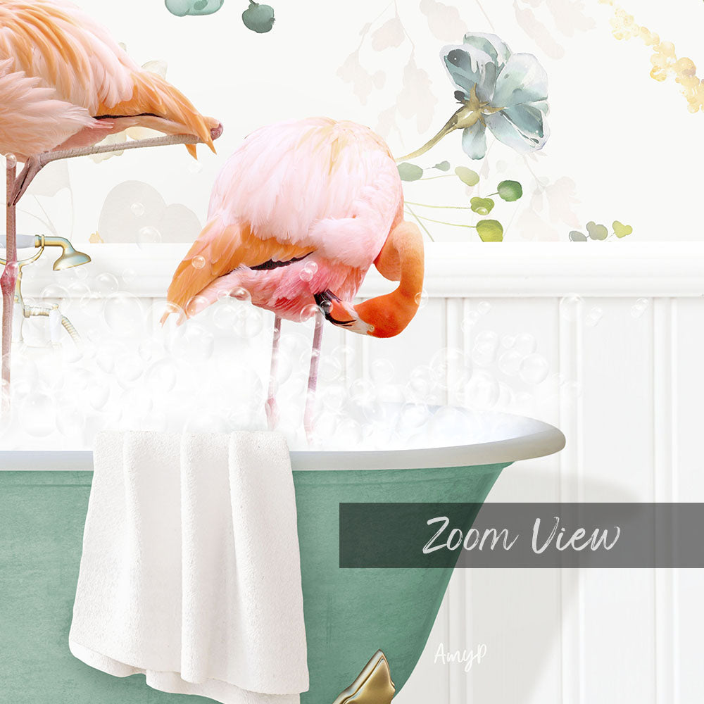 A pink flamingo is standing in a green bathtub filled with water, surrounded by a floral wallpaper and a towel.