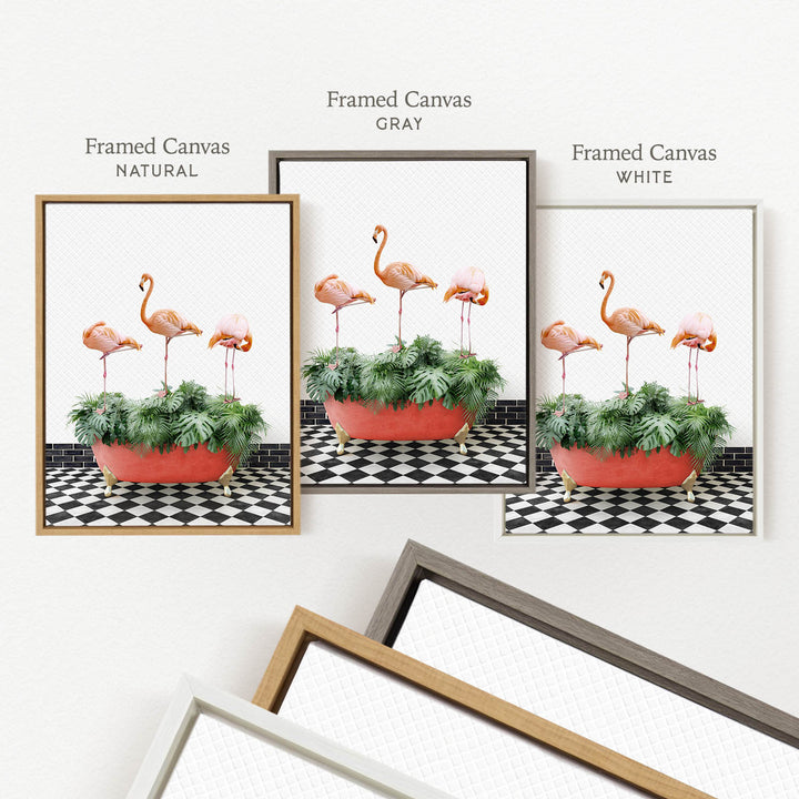 three framed pictures of flamingos in a red pot, each with a different frame color: natural, gray, and white.