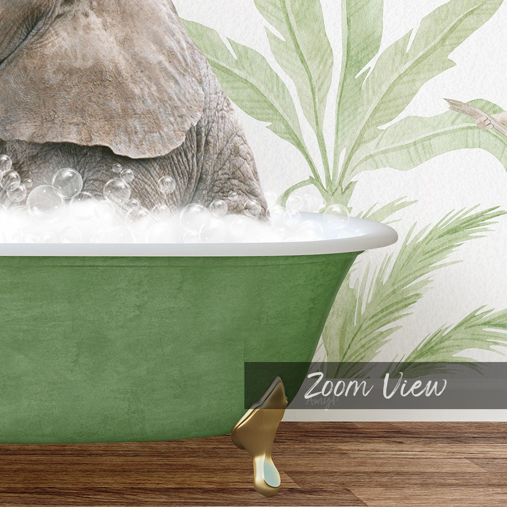 A green bathtub filled with bubbles, with a large elephant sitting inside and surrounded by a tropical plant backdrop.