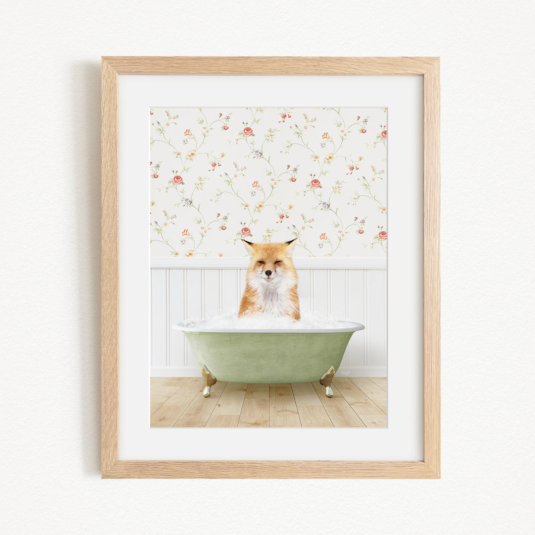 A fox is sitting in a green bathtub filled with water, surrounded by a floral patterned wall.