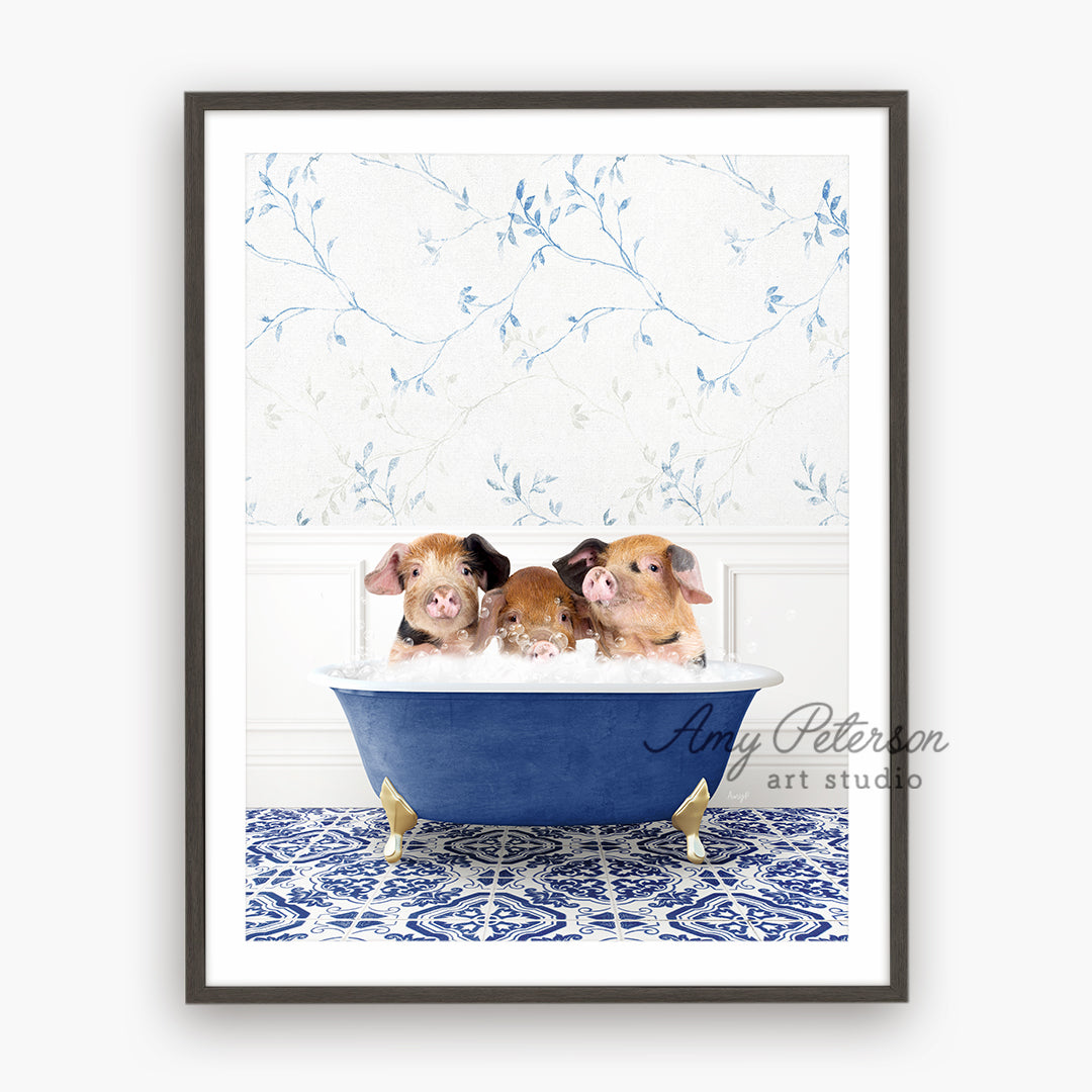 three puppies in a blue bathtub with blue wallpaper