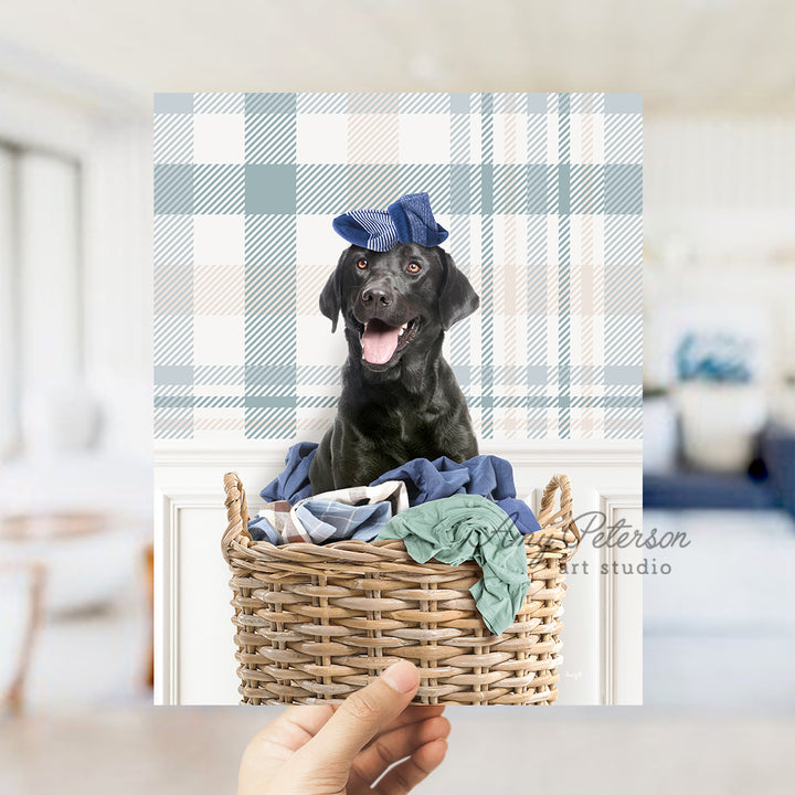 a person holding a basket with a dog in it