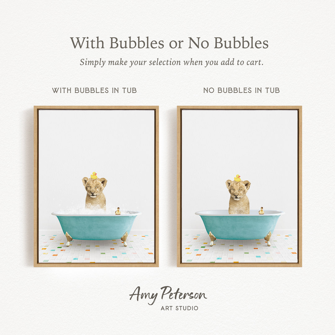 The image is a collage of two framed pictures, each depicting a small dog sitting in a bathtub. The dog is wearing a yellow hat and appears to be enjoying a bath. The text above the images reads "With Bubbles or No Bubbles" and below the images, it says "Simply make your selection when you add to cart."