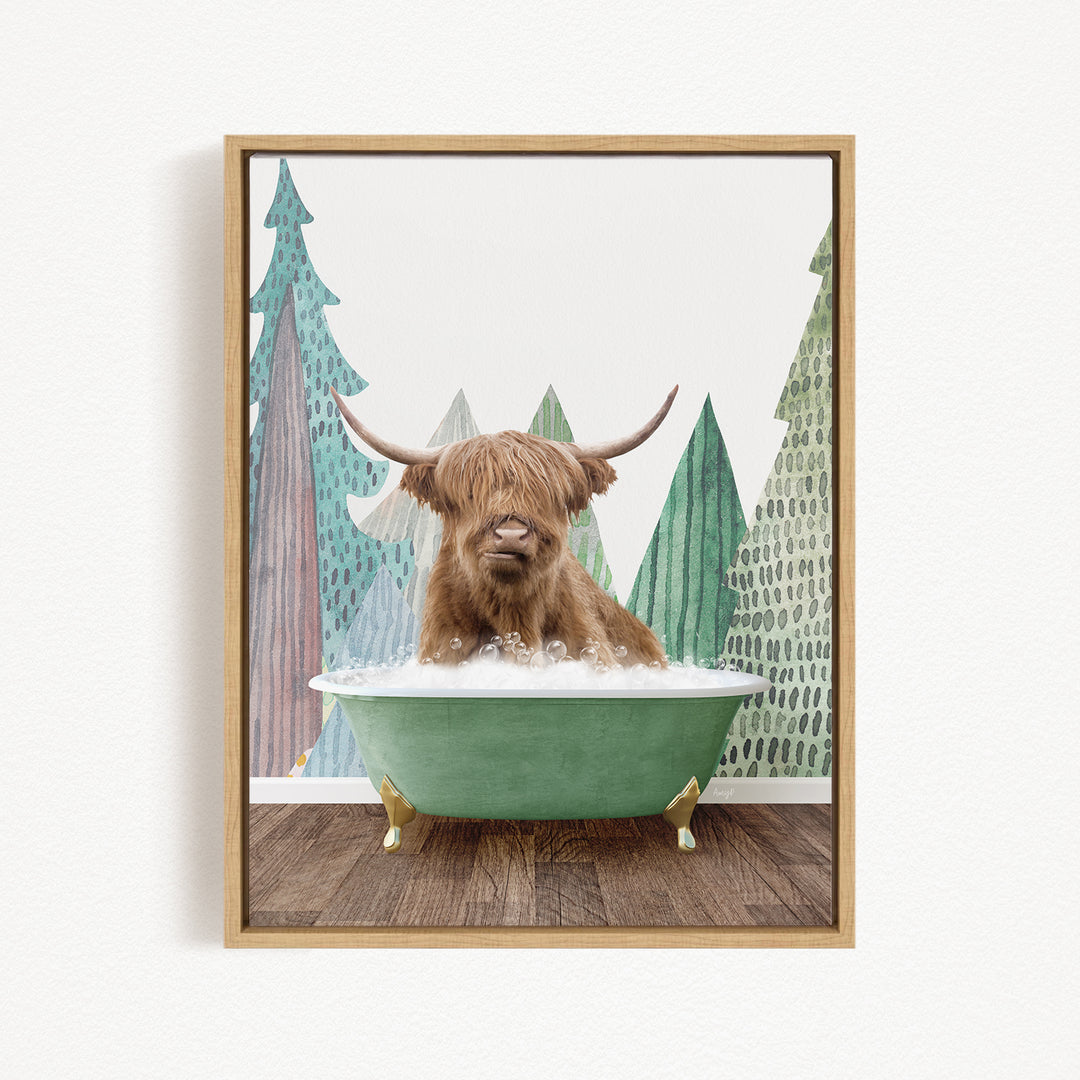 A brown cow with long horns is sitting in a green bathtub, surrounded by a forest scene with trees and a snowy landscape.