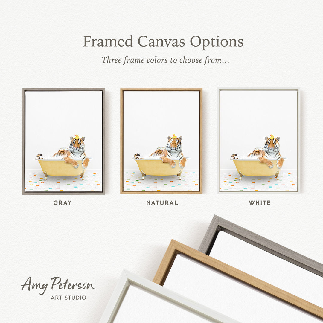 three framed canvas options, each featuring a cat sitting in a bathtub with a yellow and orange striped towel. The options include a gray frame, a natural frame, and a white frame.