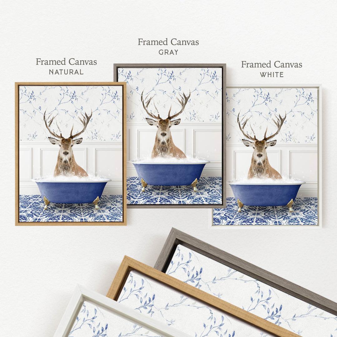 three framed pictures of a deer sitting in a bathtub, each with a different color frame. The first frame is natural, the second is gray, and the third is white.