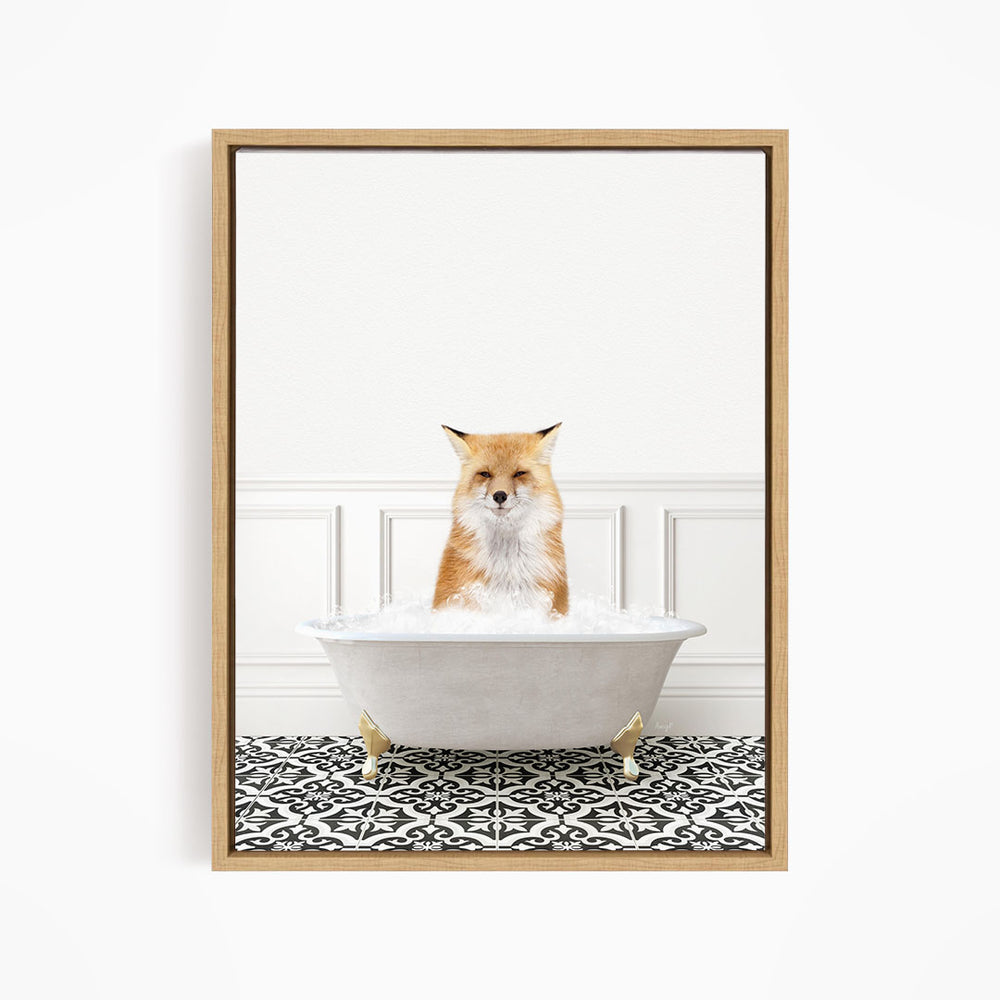A red fox is sitting in a white bathtub filled with water, looking at the camera with an expression of curiosity or amusement.