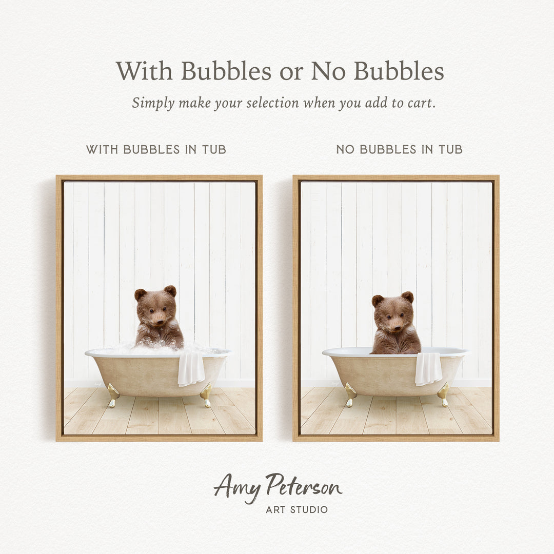 The image is a collage of two pictures featuring a teddy bear sitting in a bathtub. The first picture has bubbles in the tub, while the second picture does not have bubbles. The text above the images reads "With Bubbles or No Bubbles Simply make your selection when you add to cart."