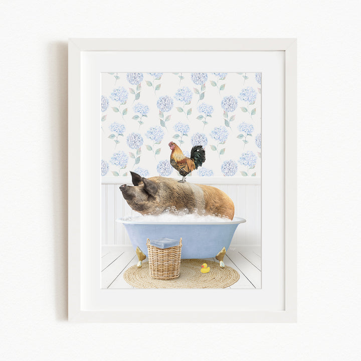 A pig is sitting in a bathtub filled with water, with a rooster perched on its back. The scene is set against a backdrop of blue flowers.
