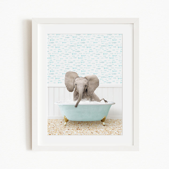 A baby elephant sitting in a light blue bathtub, surrounded by a patterned wall and a beige floor.