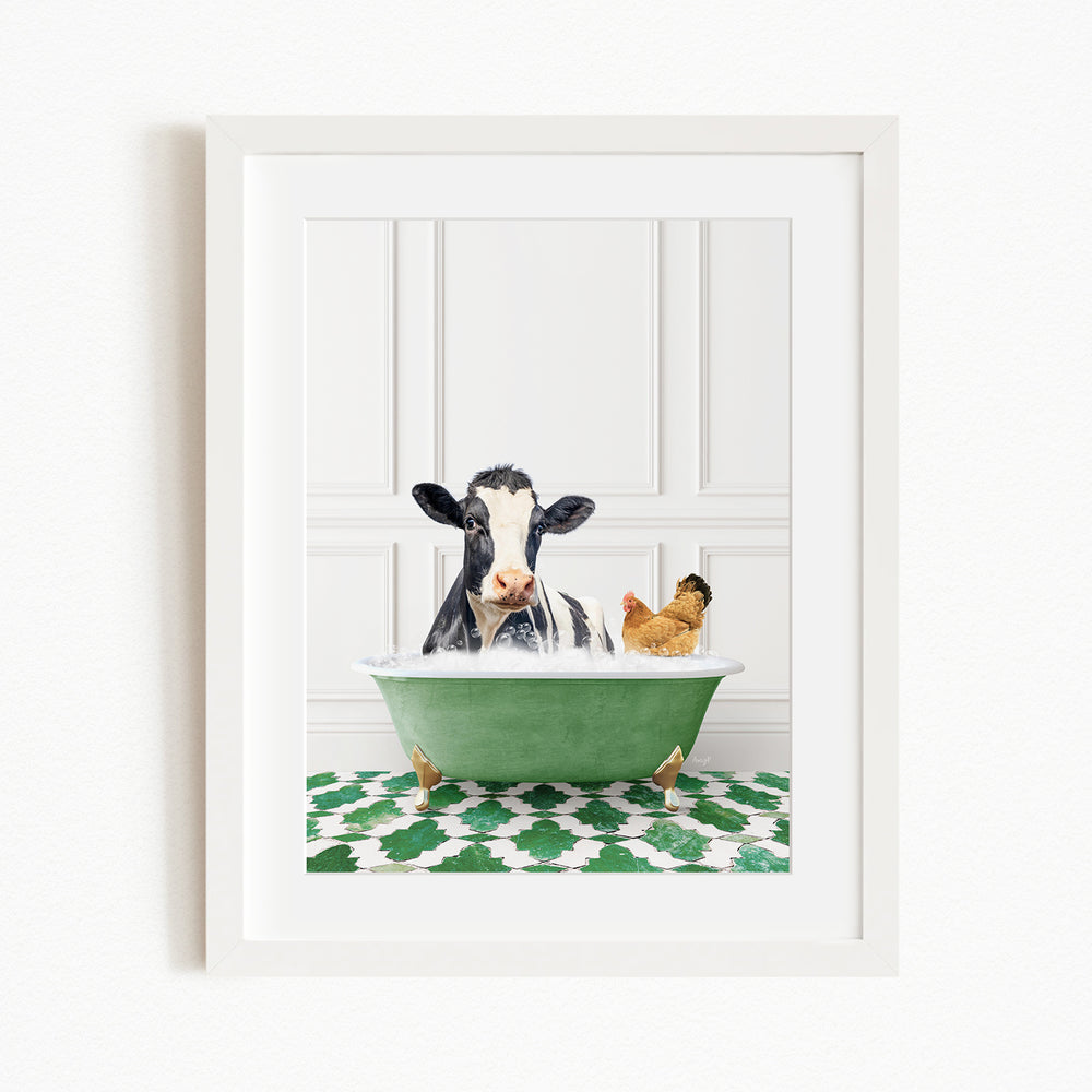 A black and white cow is sitting in a green bathtub, with a chicken perched on its back, both appearing to enjoy a relaxing bath together.