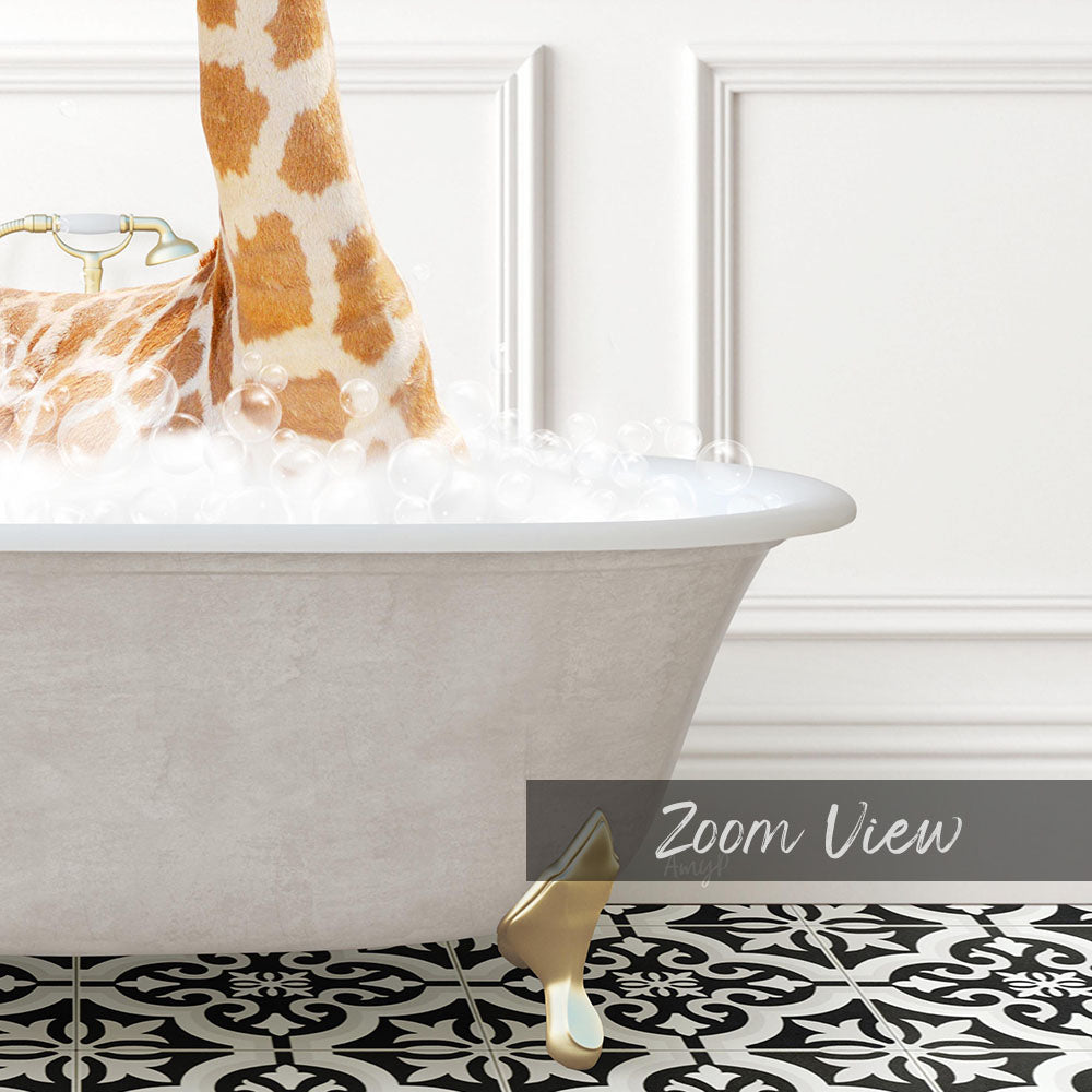 A giraffe standing in a bathtub filled with bubbles, with a text overlay that reads "Zoom View".