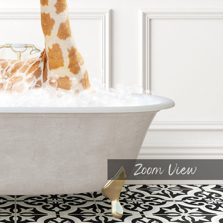 A giraffe standing in a bathtub filled with bubbles, with a text overlay that reads "Zoom View".