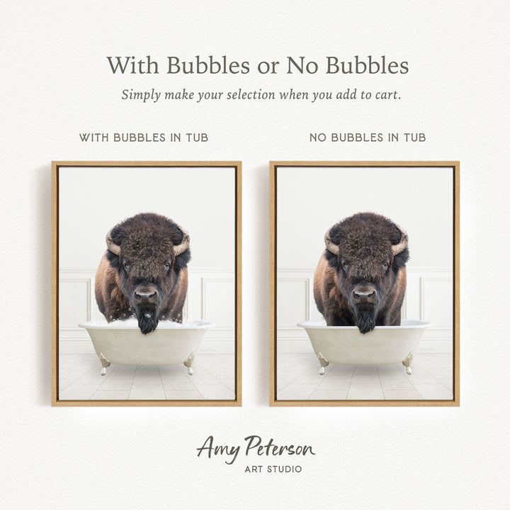 The image is a collage of two pictures featuring a buffalo in a bathtub. The buffalo has a black and brown color scheme and appears to be in a relaxed position. The collage includes a frame with the text "With Bubbles or No Bubbles" and "NO Bubbles IN TUB" to indicate the presence or absence of bubbles in the tub.