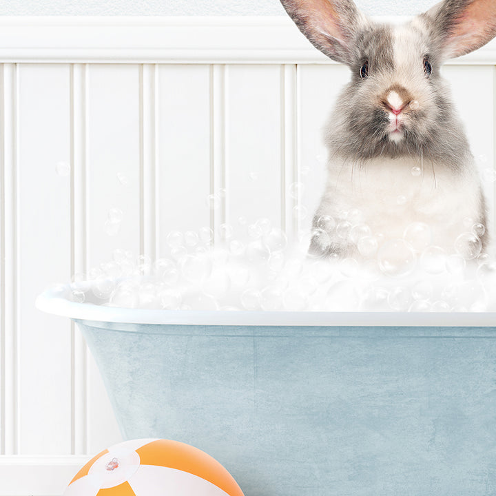 a rabbit sitting in a bathtub full of bubbles