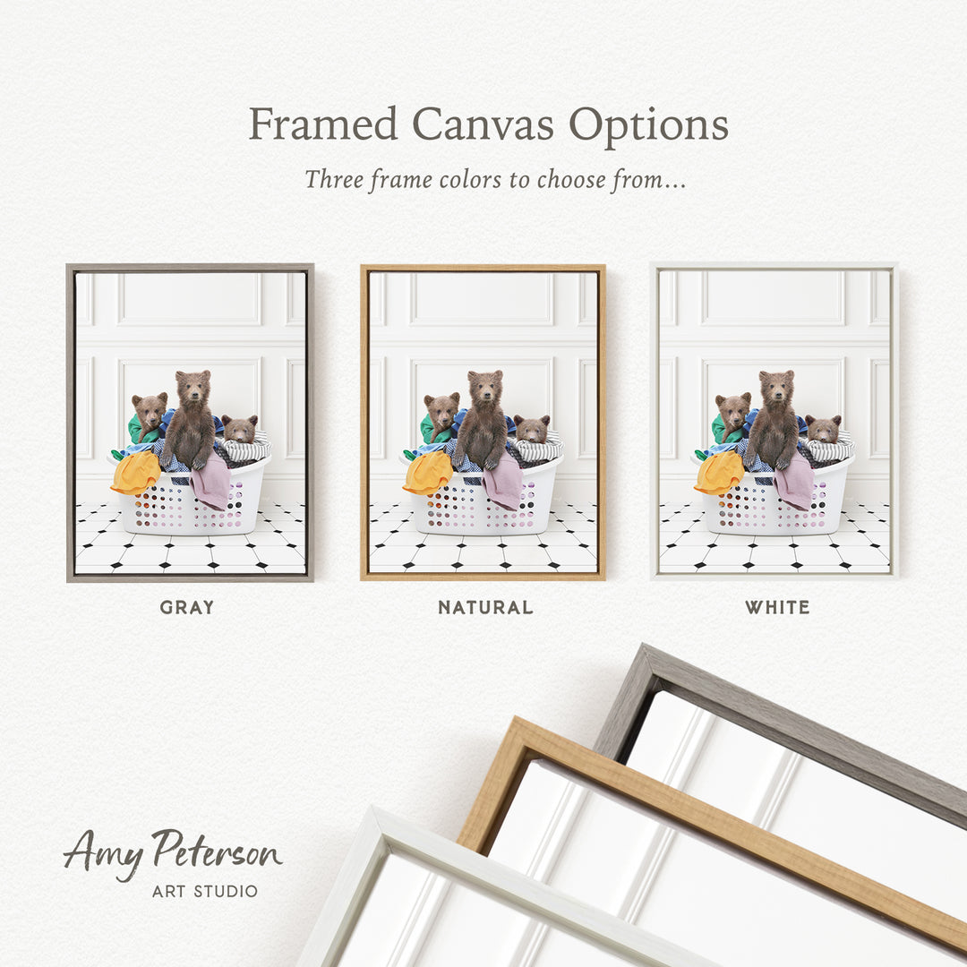three framed canvas options, each featuring a bear sitting in a basket. The options include a gray frame, a natural frame, and a white frame. The text above the images reads " Framed Canvas Options" and "Three frame colors to choose from...".