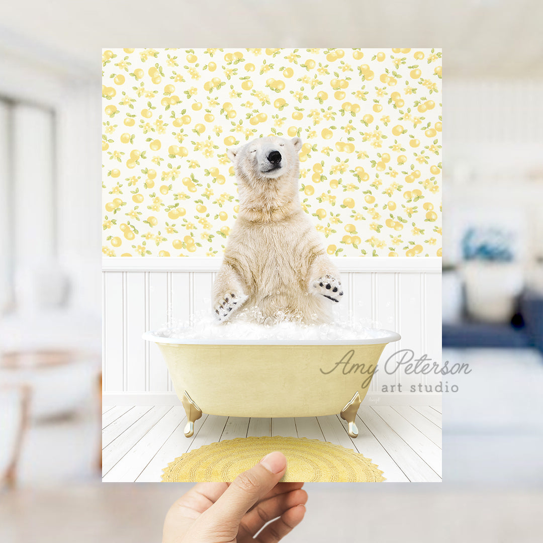 a polar bear sitting in a bath tub