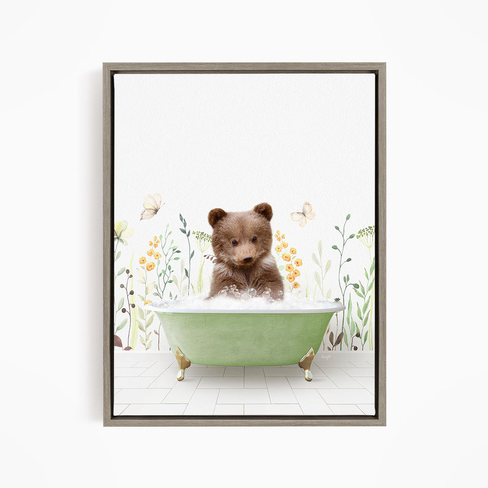 A cute brown bear sitting in a green bathtub filled with bubbles, surrounded by flowers and butterflies.