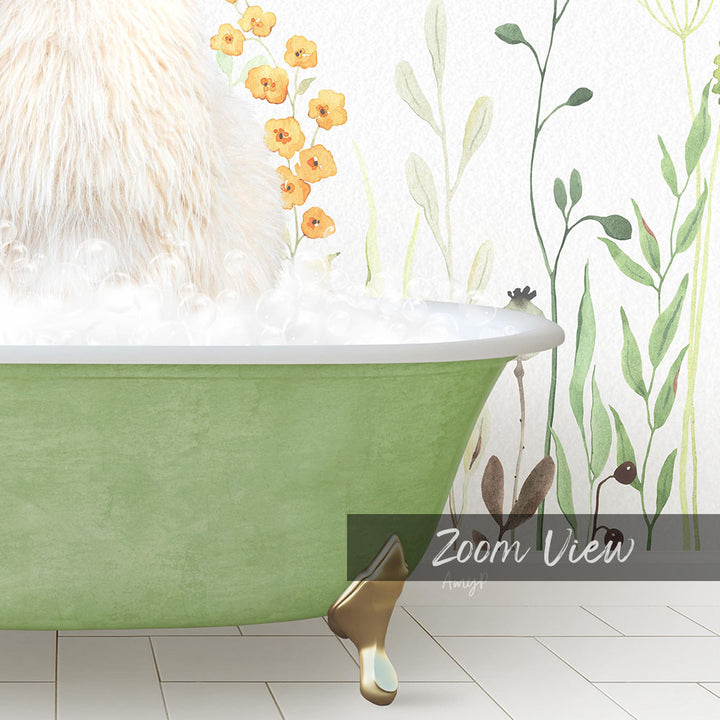 A fluffy white cat is sitting in a green bathtub filled with bubbles, surrounded by a floral wallpaper and plants.