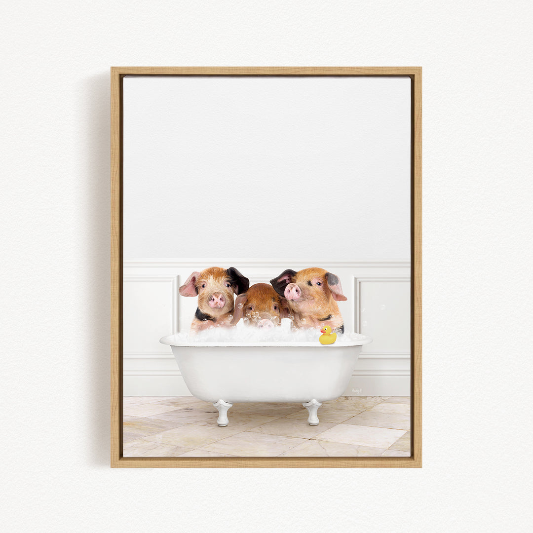 Three adorable pigs sitting in a white bathtub, enjoying a bath time together.