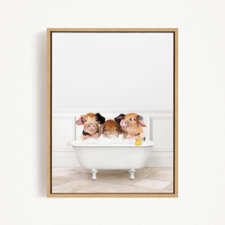 Three adorable pigs sitting in a white bathtub, enjoying a bath time together.