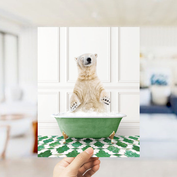 A polar bear sitting in a green bathtub filled with bubbles, surrounded by a patterned floor.