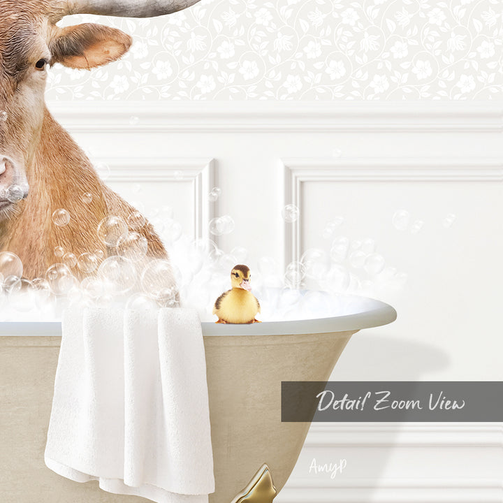 A brown cow is sitting in a bathtub filled with bubbles, with a small yellow duck sitting on the edge of the tub.