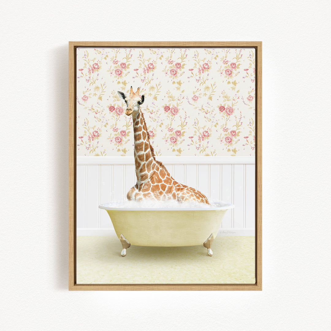 A giraffe sitting in a bathtub filled with water, surrounded by a floral wallpaper.