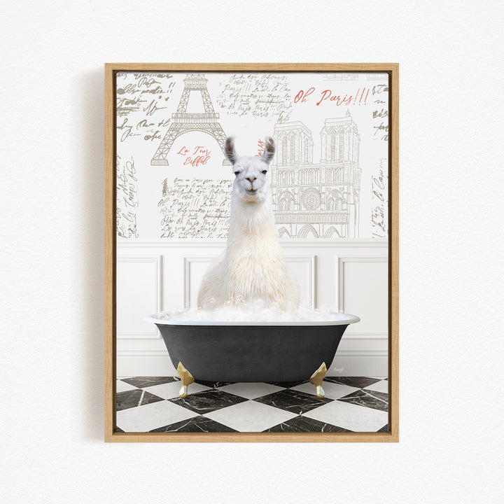A white llama sitting in a black bathtub filled with bubbles, with a framed image of the Eiffel Tower and text in the background.