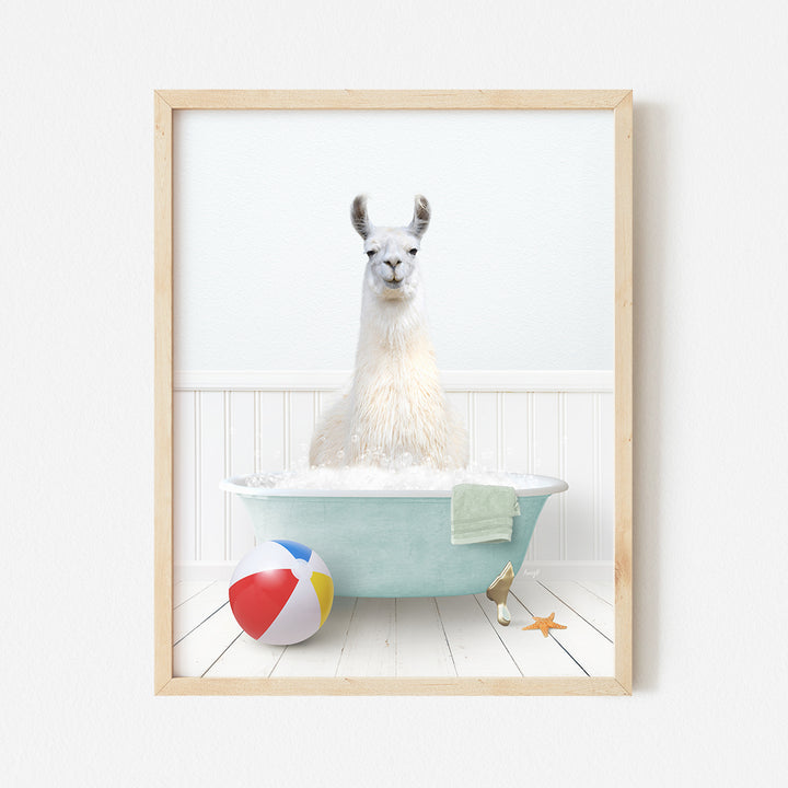 a llama in a bathtub with a beach ball