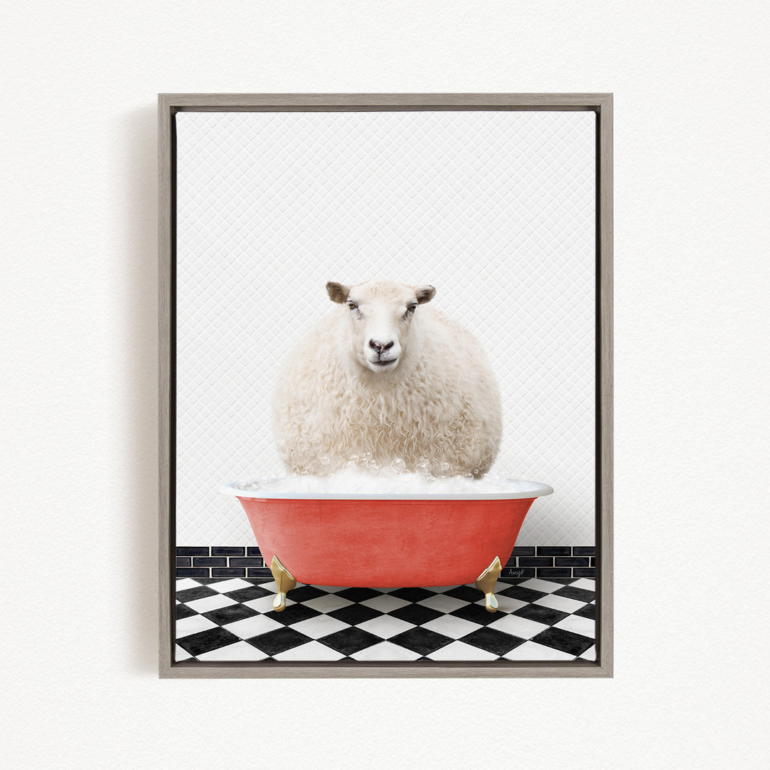A fluffy white sheep sits in a red bathtub on a black and white checkered floor.