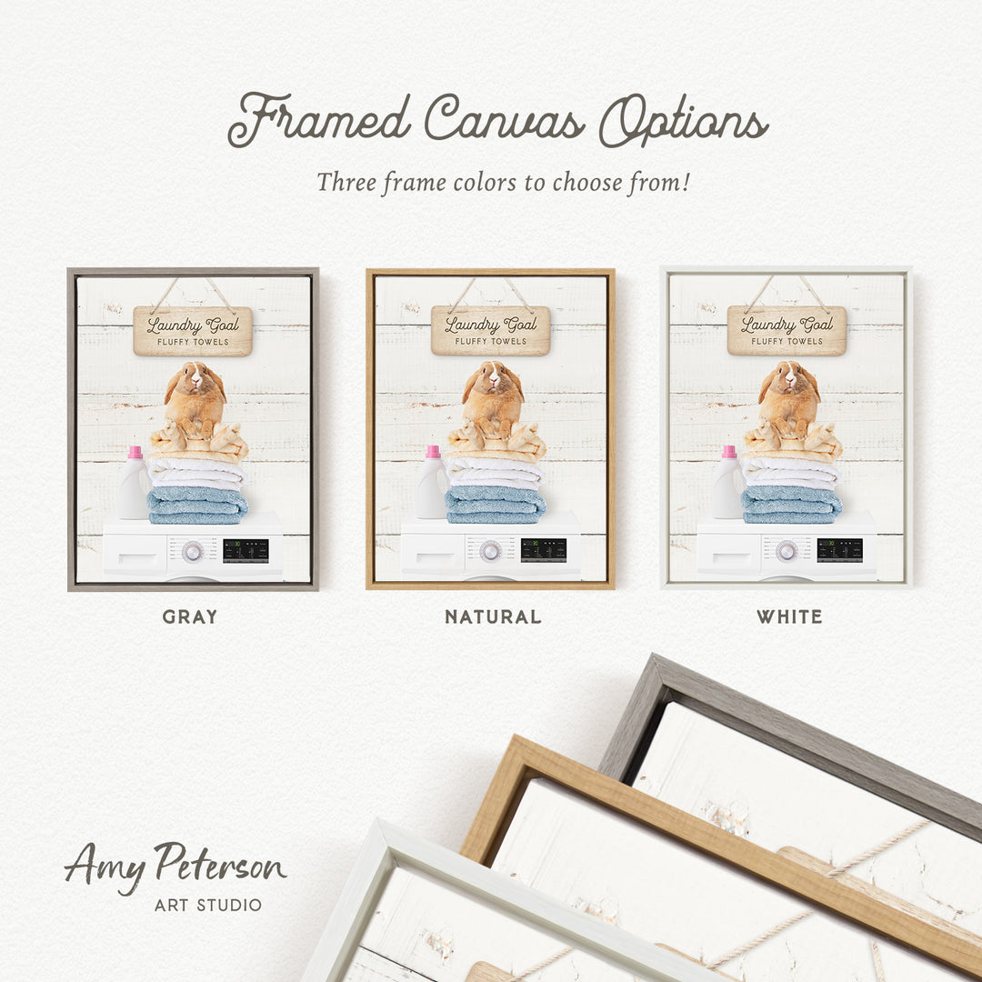 three framed canvas options, each with a different color and frame style, including gray, natural, and white.
