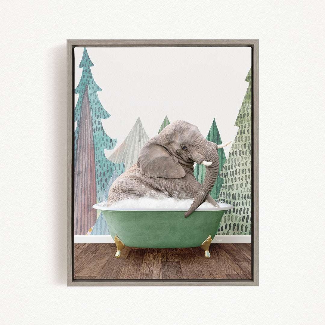 A gray elephant is sitting in a green bathtub, surrounded by a forest-themed background with trees and a wooden floor.
