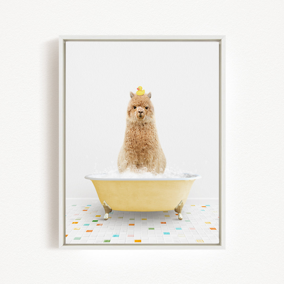 A fluffy brown dog sitting in a yellow bathtub filled with bubbles, with a yellow rubber duck perched on its head.
