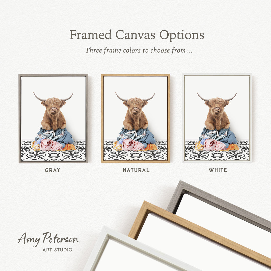three framed canvas options, each featuring a close-up of a brown cow with horns. The options include a gray, a natural, and a white frame.