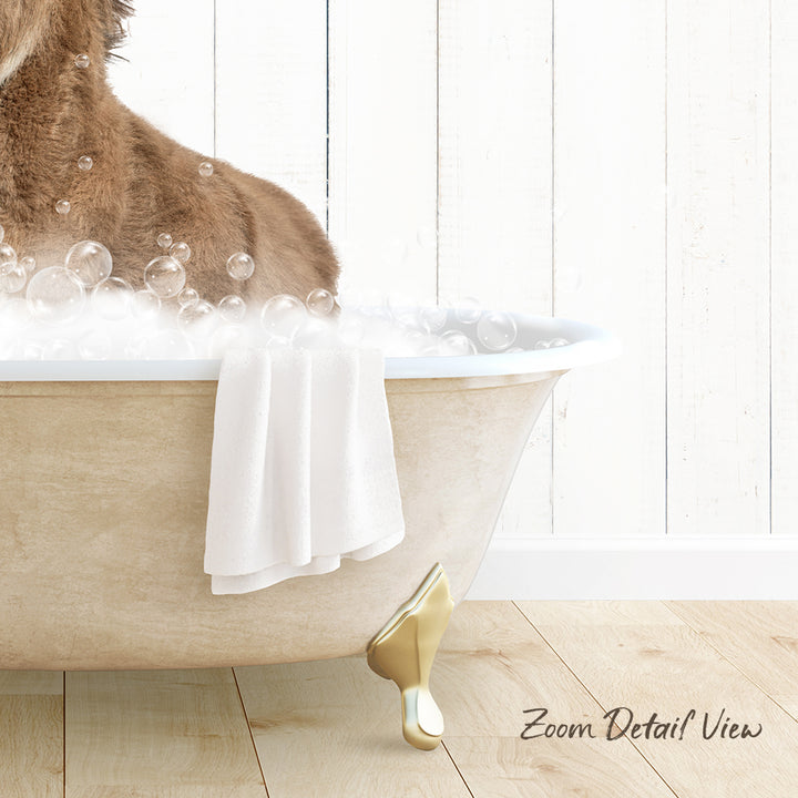 A brown dog sitting in a bathtub filled with bubbles, with a towel and gold bathtub leg visible.
