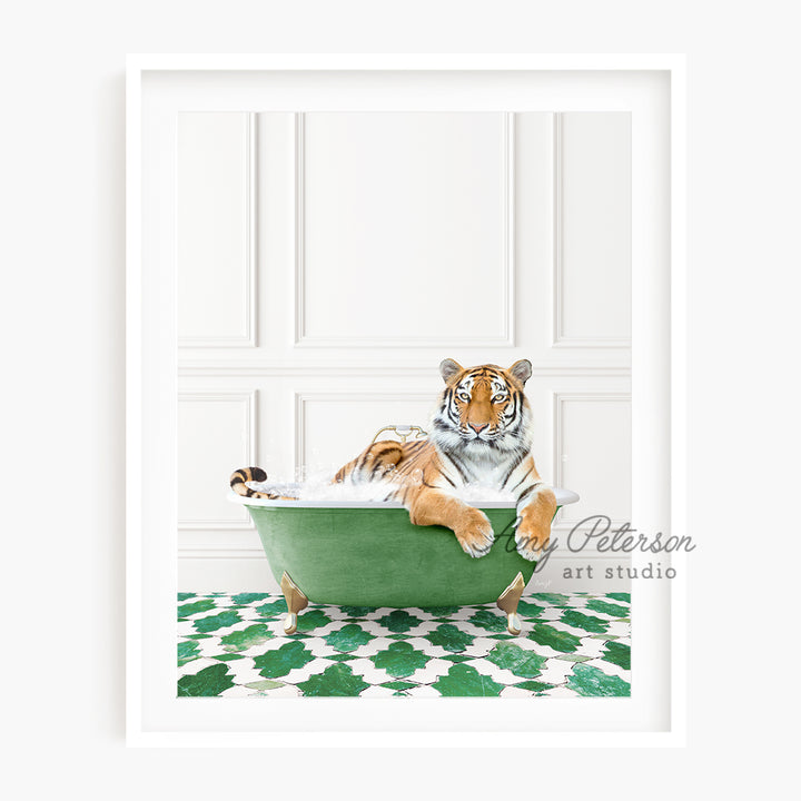 a picture of a tiger taking a bath in a green bathtub