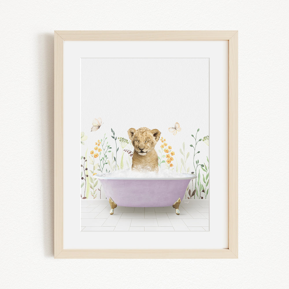 A young lion cub sitting in a purple bathtub filled with bubbles, surrounded by flowers and butterflies.