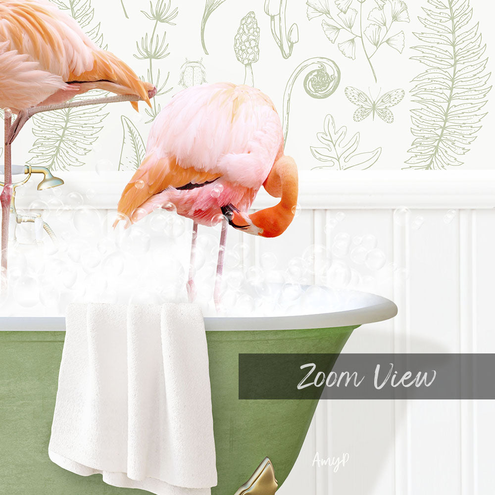 A pink flamingo standing in a green bathtub filled with water, with a towel hanging on the side of the tub.