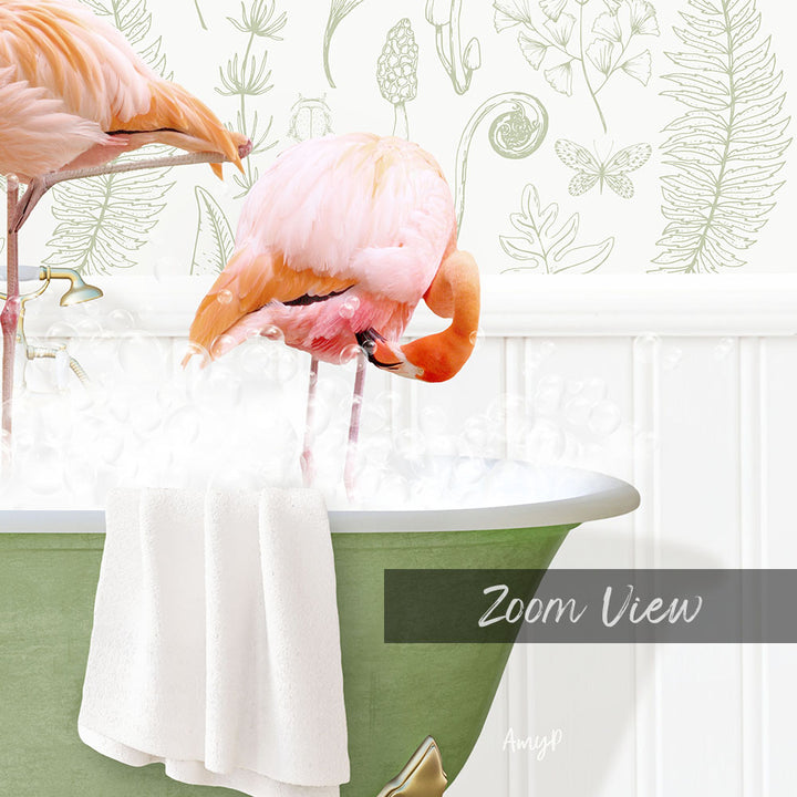 A pink flamingo standing in a green bathtub filled with water, with a towel hanging on the side of the tub.