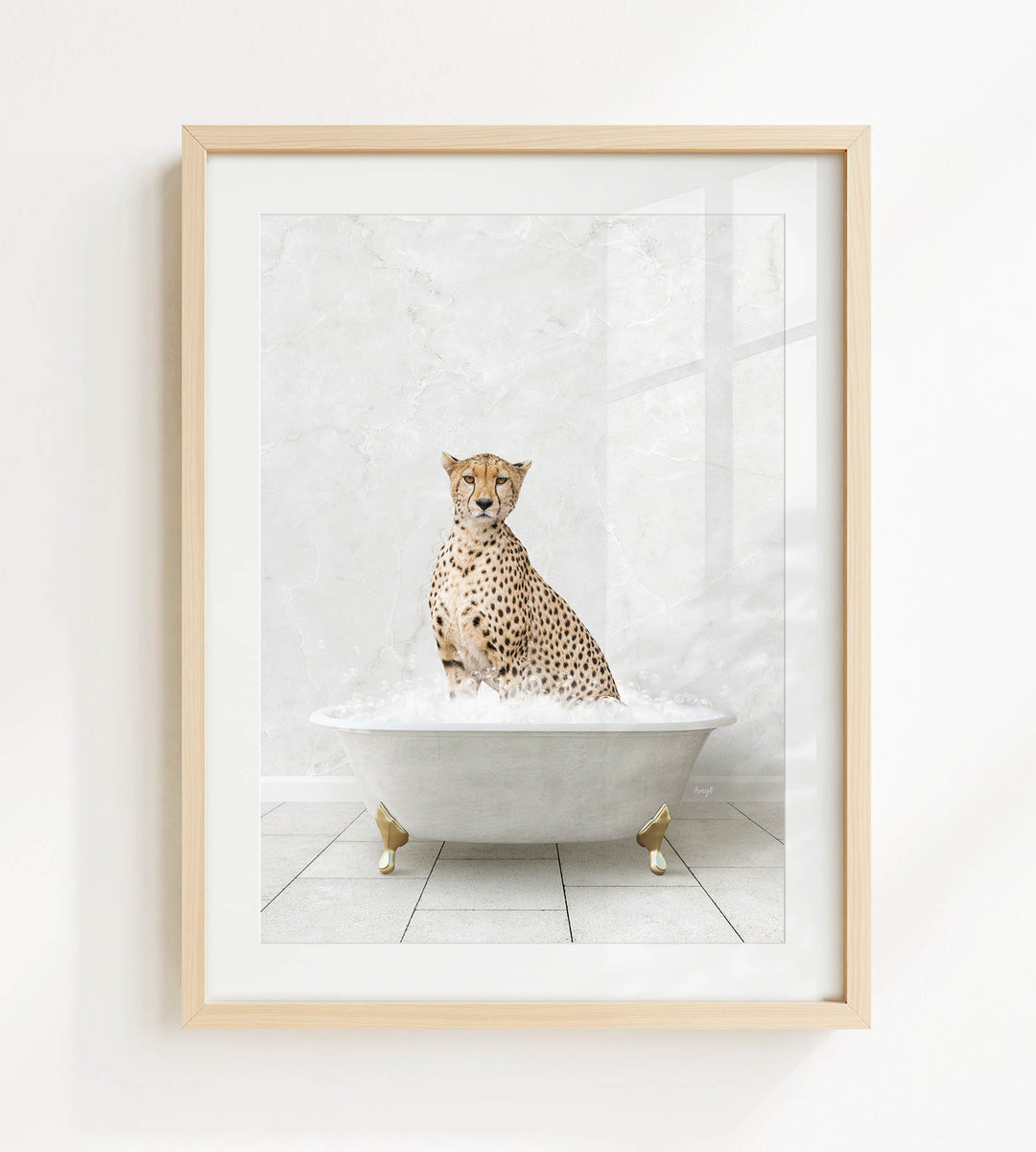 A cheetah sitting in a white bathtub filled with water, looking directly at the camera.