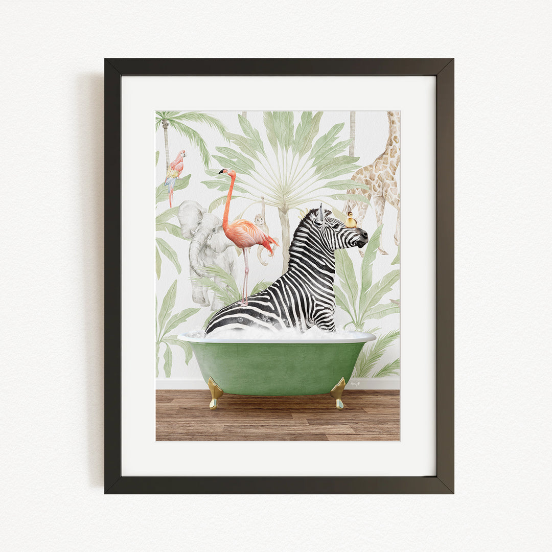 A framed illustration depicting a zebra sitting in a green bathtub, surrounded by various tropical animals such as a flamingo, giraffe, and elephant.