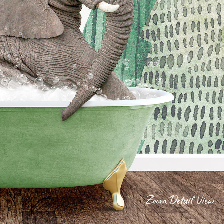A large elephant is sitting in a green bathtub filled with bubbles, with a patterned wall in the background.