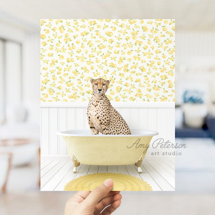 a cheetah sitting in a bathtub with a yellow wallpaper