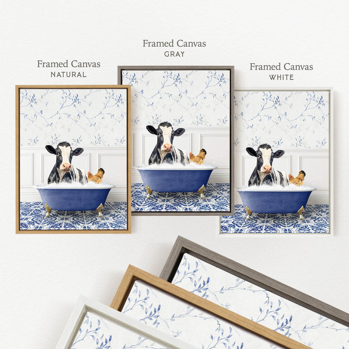The image is a collage of three framed pictures depicting a cow sitting in a bathtub, surrounded by chickens. The cow is in a blue bathtub, and the chickens are in a separate tub. The pictures are framed in different colors, including natural, gray, and white.