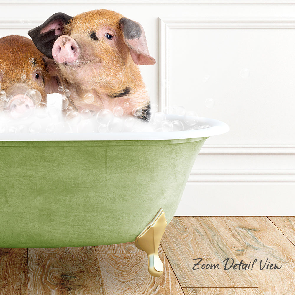 A pair of adorable pigs enjoying a bath in a green bathtub, surrounded by bubbles.