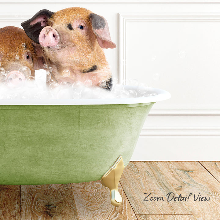 A pair of adorable pigs enjoying a bath in a green bathtub, surrounded by bubbles.