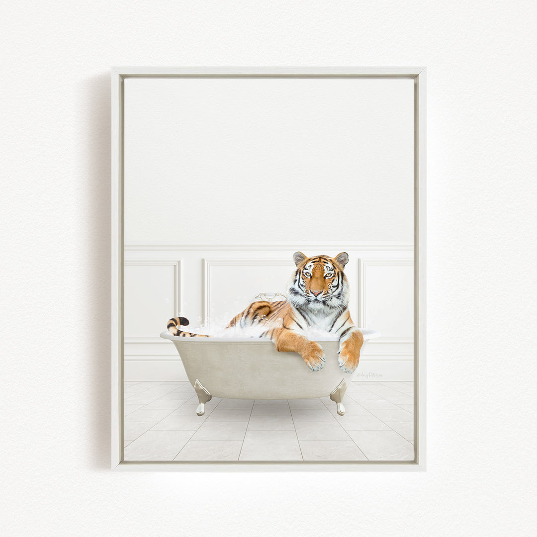 A tiger is sitting in a white bathtub, appearing relaxed and comfortable.